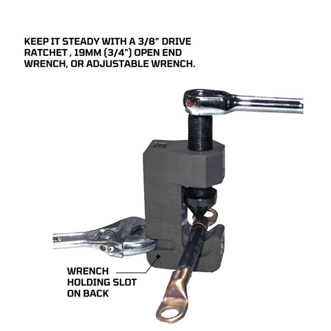 Three Point Mini Wire And Cable Crimper For Tight Spaces Handheld Crimp Tool with wrenches attached, built like a tank.