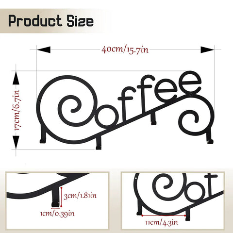 Cool Metal Wall Mounted Coffee Cup Mug Holder With Four Hooks For Kitchen Or Coffee Bar Decor, Slim 15.75 Inch Wide By 6.3 Inch High