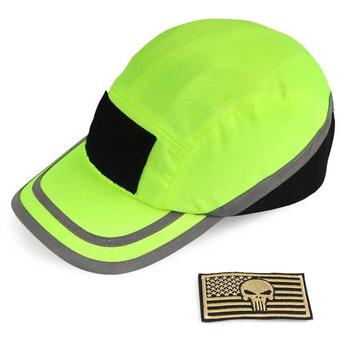 Bump Cap Navy Blue Lime Classic Baseball Hat Style Lightweight Breathable Head Protection Cap For Adults Men Women With Removable ABS Inner Shell Foam Padding And Adjustable Velcro Fit in bright lime with patch