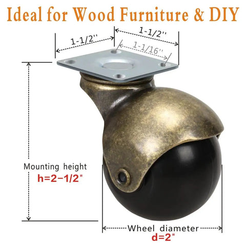 Vintage 2 Inch Ball Caster Wheels For Furniture Antique Brass Swivel Plate showing dimensions and mounting features.
