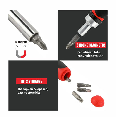 Ratcheting Screwdriver Set With Magnetic Bits And Sockets 38 Piece showing magnetic tips and bit storage features