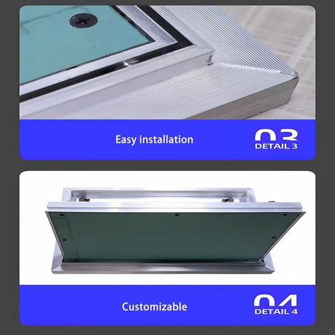 Heavy Duty Rectangular Drywall Access Panel With Paintable Concealed Aluminum Flush Cover And Clean Recessed Handle For Hassle Free Wall Or Ceiling Plumbing Maintenance Mods, showing easy installation features.