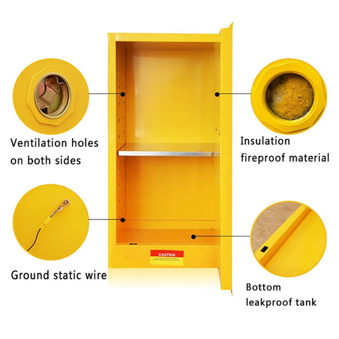 Interior view of Built Tough Flammable Safety Cabinet With Fifteen Gallon Capacity showing ventilation holes and fireproof material.