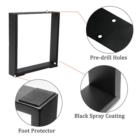 Beefy 16 Inch DIY Modern Square Coffee Table Legs Set Heavy Duty Steel Bench Legs For DIY Furniture 600 800 Pound Load Capacity Black Glossy Finish Sturdy Support For Tables Desks And Craft Projects with close-ups of pre-drilled holes, black spray coating, and foot protector detail.