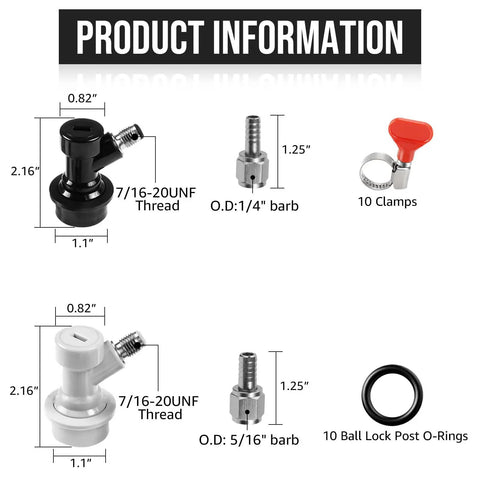 Five Pairs Ball Lock Keg Quick Disconnects For Homebrew Draft Systems With Five Sixteenth And One Fourth Barb Fittings And Leak Proof Silicone O Ring Seals, 7/16-20UNF