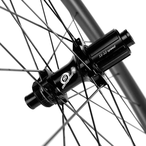 Close-up of Shimano 8-12 speed cassette hub for Tubeless Carbon Fiber Wheelset 38mm And 31mm For 700c Road Bikes, Disc Brake, UCI Approved.
