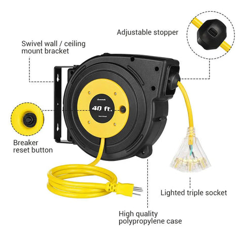 40 Ft Retractable Extension Cord Reel With A Heavy Duty SJTOW Cable Triple Outlets And 15A Breaker Wall Or Ceiling Mount 12 AWG UL Listed Yellow Workhorse Power Reel shown with adjustable stopper and bracket