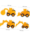 4 Pack Adorable Construction Truck Set With Realistic Front End Loader Models for imaginative play, yellow plastic trucks, dimensions shown.