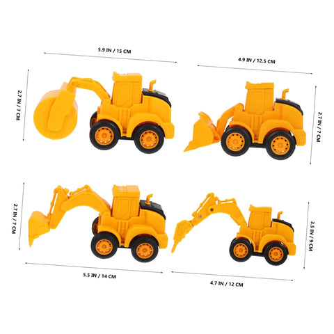 4 Pack Adorable Construction Truck Set With Realistic Front End Loader Models for imaginative play, yellow plastic trucks, dimensions shown.