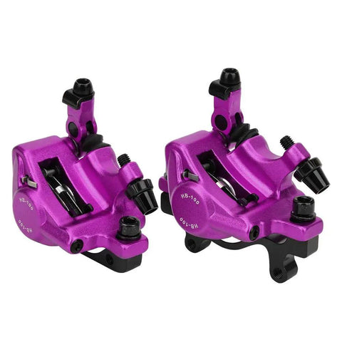 Heavy Duty Hydraulic Disc Brake Set Built Different With Reinforced Aluminum Calipers, purple HB-100 calipers for mountain and electric bikes.