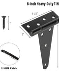 6 Inch T Strap Gate Hinges 2 Pack Black Powder Coated Steel Tee Hinge Hardware Rust Resistant Heavy Duty Outdoor Fence And Barn Door Hardware Built Like A Tank With Super Silky 270 Degree Swivel And Included Fasteners with dimensions