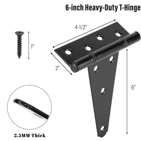 6 Inch T Strap Gate Hinges 2 Pack Black Powder Coated Steel Tee Hinge Hardware Rust Resistant Heavy Duty Outdoor Fence And Barn Door Hardware Built Like A Tank With Super Silky 270 Degree Swivel And Included Fasteners with dimensions