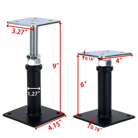 4 Pack Adjustable Floor Jack Posts No Sweat Heavy Duty Lift Supports 6 To 9 Inch Screw Jack showing adjustable heights of 6 and 9 inches.