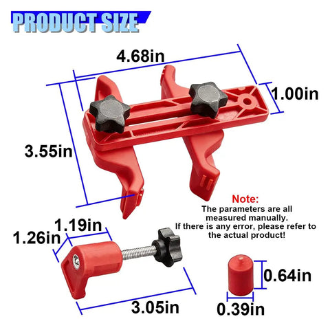 Professional Nine Piece Universal Dual Camshaft Locking Kit With Tight No Fuss Engine Timing Sprocket Alignment Bars showing dimensions of red tool components.
