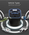 Road Trip Ready 200W Car Power Inverter Swaps 12V To 110V AC Outlet Featuring Dual USB Charging Ports Plus Type C Connector in a vehicle setup.