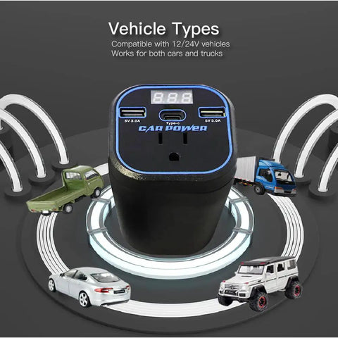 Road Trip Ready 200W Car Power Inverter Swaps 12V To 110V AC Outlet Featuring Dual USB Charging Ports Plus Type C Connector in a vehicle setup.