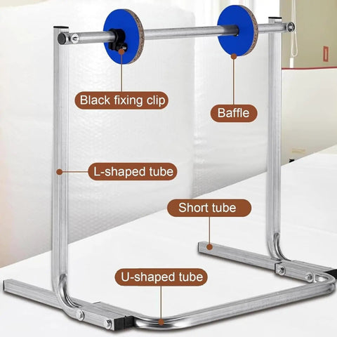 Heavy Duty Tabletop Bubble Wrap Dispenser for Effortless Ship Prep Sturdy Packing Station Roll Holder with Quick Change Screws with labeled parts.