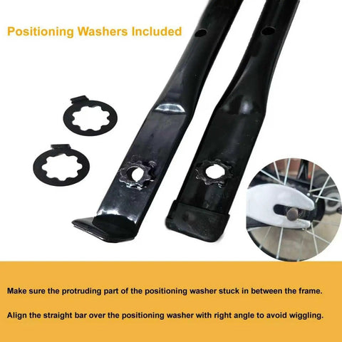 Positioning washers and black metal frames for Adjustable Bike Training Handle For Kids, Parental Stabilization Bar And Multi Position