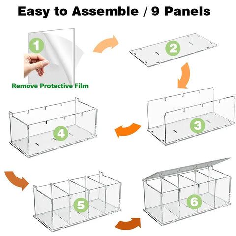 Clear Acrylic 4 Compartment Coffee Capsule Holder With Lid K Cup Organizer assembly guide with 9 panels and protective film