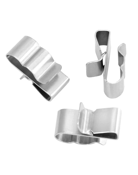 Premium Built Tough 100 Piece 304 Stainless Steel Solar Panel Clips, showing three heavy-duty wire clamps.