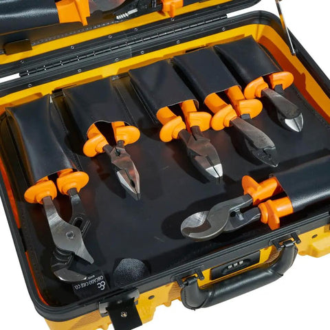 General Purpose Insulated Tool Kit 1000-Volt Rated 22-Piece Set in lockable case showing pliers and wire stripper