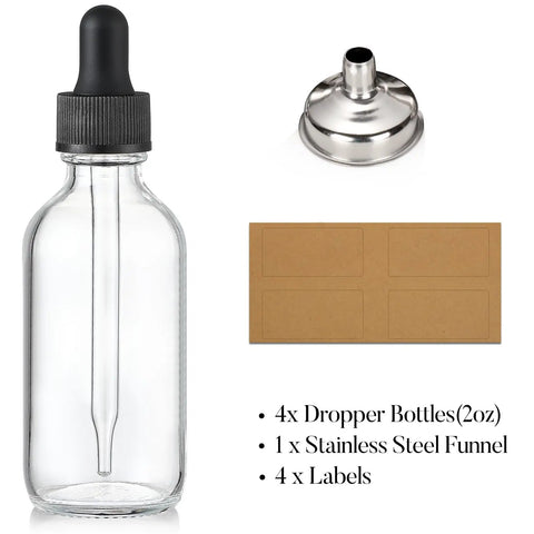 No Sweat Bundle Of Four 2 Oz Clear Glass Eye Dropper Bottles With Tight Black Lids And Leak Proof Seal Comes With A Smart Steel Pouring Funnel Plus Clean Adhesive Tags Totally Straight Up For Essential Oils