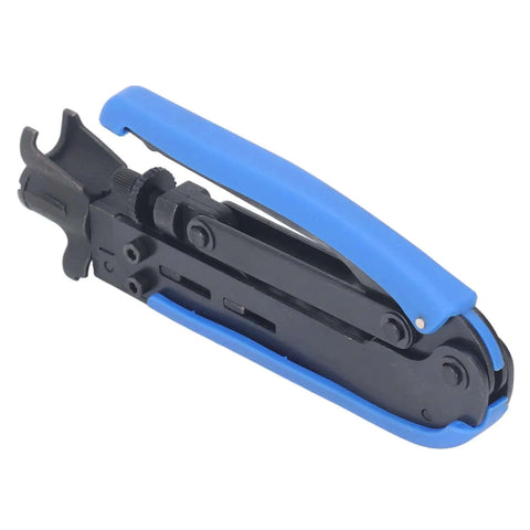 Pro Grade Coaxial Cable Crimp And Strip Kit With 10 RG6 F Connectors And Adjustable F Head, blue handle tool