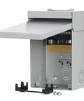 60 Amp Outdoor Circuit Breaker Box With 2 Spaces And 4 Circuits, 120/240V Single Phase 3 Wire, Solid Neutral, Gray Enamel Finish, CSA UL Listed, NEC Compliant, 9.5 Inch By 6 Inch By 5 Inch Box with open cover and wiring space