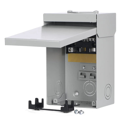 60 Amp Outdoor Circuit Breaker Box With 2 Spaces And 4 Circuits, 120/240V Single Phase 3 Wire, Solid Neutral, Gray Enamel Finish, CSA UL Listed, NEC Compliant, 9.5 Inch By 6 Inch By 5 Inch Box with open cover and wiring space