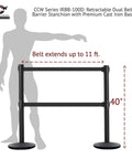 Set Of 2 Dual Retractable Belt Barrier Stanchions With Cast Iron Bases And Black Posts, 7.5 Foot Belts, height 40 inches