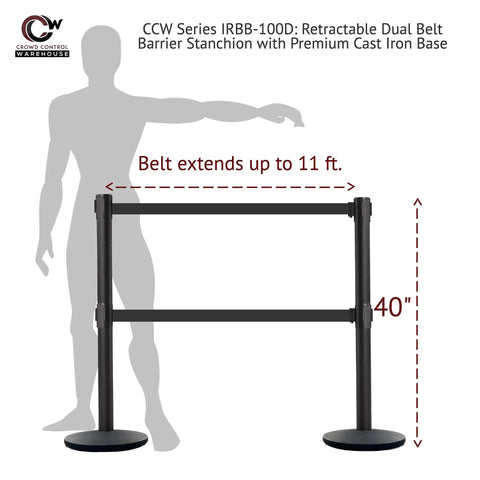 Set Of 2 Dual Retractable Belt Barrier Stanchions With Cast Iron Bases And Black Posts, 7.5 Foot Belts, height 40 inches