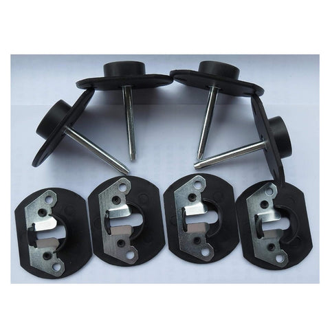 Four pack sectional sofa connectors, interlocking clips for keeping your couch in place, universal furniture connector pins, metal and plastic design.