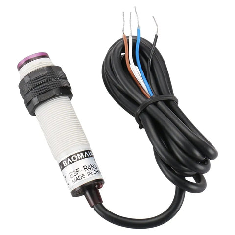 Retroreflective Photoelectric Sensor Switch E3F R4N3 DC 10 To 30V NPN No And NC Outputs 4 Meter Sensing Range M18 Thread Reflector Panel Included Plug And Play Industrial Automation Sensor For Easy Setup, M18 threaded sensor with cable