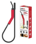 Front view of Leshein USB-rechargeable fuel transfer pump with red handle, black hose and nozzle beside packaging box.