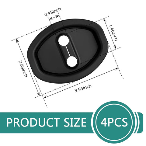 Four Piece Soft Silicone Door Latch Covers Featuring Self Adhesive Anti Rust Guards And Whisper Quiet Shutdown For Easy Car Truck Suv Fixes And Street Cred In Matte Black with size dimensions shown.