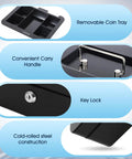 Metal Cash Box With Key Lock And Money Tray Portable Steel Safe For Home Office And Events The Go To Cash Meds And Small Items Organizer Durable Black 7.87 By 6.30 By 3.35 Inches Four Pack with removable coin tray, carry handle, and key lock features.