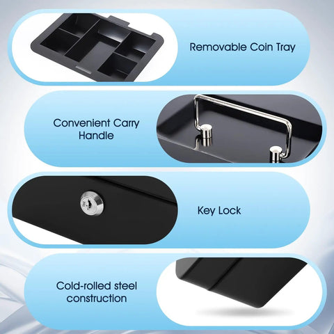 Metal Cash Box With Key Lock And Money Tray Portable Steel Safe For Home Office And Events The Go To Cash Meds And Small Items Organizer Durable Black 7.87 By 6.30 By 3.35 Inches Four Pack with removable coin tray, carry handle, and key lock features.