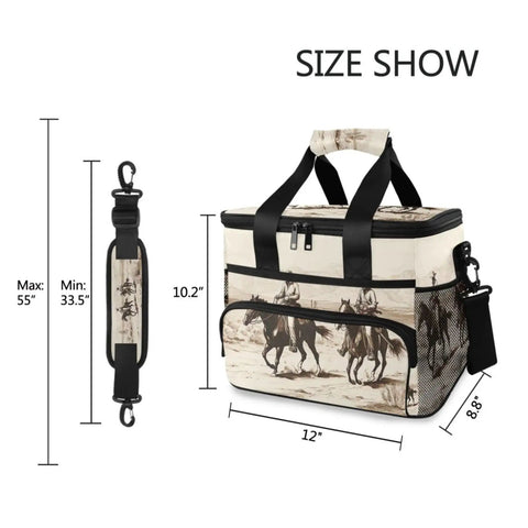 Desert Cowboys Insulated Lunch Bag With Shoulder Strap Reusable Cooler Lunch Box, 15L capacity, tear-resistant, with dimensions shown.