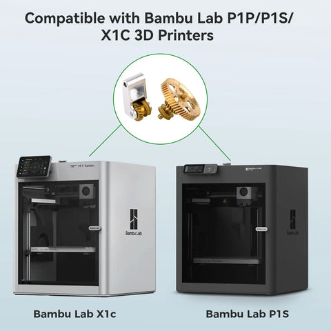 Upgraded Brass Gear Extruder For Bambu Lab P1P P1S X1C X1E 3D Printers Nano Coated RNC Gear shown with Bambu Lab printers