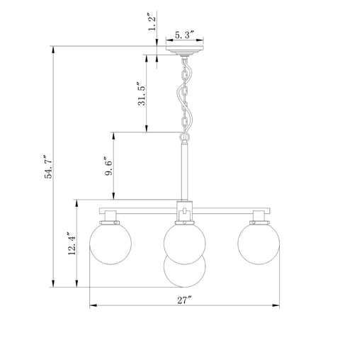 Dimensions diagram of McKinnon 5 Light Matte Black And Gold Glass Globe Shades Chandelier for dining room or living space.