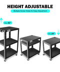 Three Tier Steel AV Cart On Wheels With Adjustable Height From 24 To 42 Inches, Rolling Projector Cart Displayed