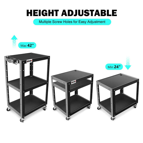 Three Tier Steel AV Cart On Wheels With Adjustable Height From 24 To 42 Inches, Rolling Projector Cart Displayed