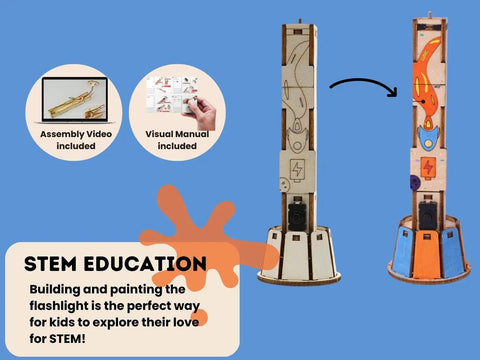 DIY Wooden Flashlight STEM Kit For Kids Aged 8 To 12 Battery Operated Educational Science Project With Built In Switch Hands On Learn Basic Circuits And Build A Real Working Flashlight, assembled and painted wooden flashlight