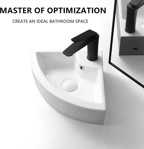 16 Inch Round Vessel Sink With Pop Up Drain Cool Matte Black Exterior White Interior Ceramic Vessel Sink Above Counter For Modern Bathrooms European Sleek Style Eye Catching Vanity Upgrade with corner placement showing black faucet and drain.