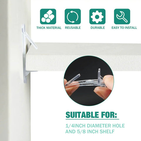 Self Locking Shelf Pins 5mm Plastic Pegs demonstration with 1/4 inch hole and 5/8 inch shelf supports, easy install.