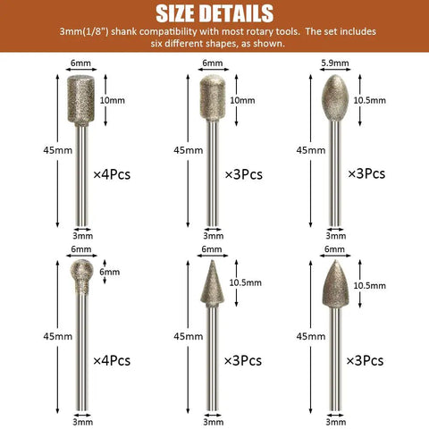 Diamond Drill Grinding Bit Set For Rotary Tools Polishing Kit with size and shape details of 1/8 inch shank bits.