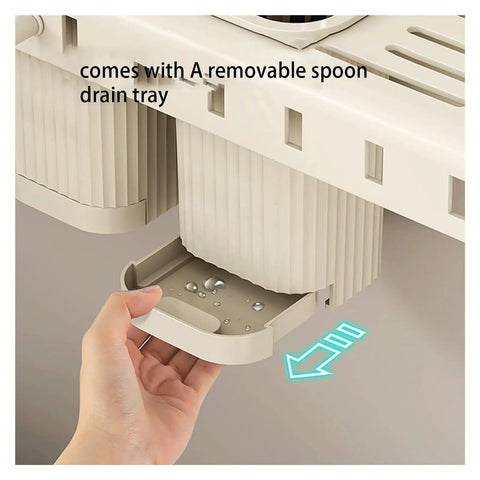 Rock Solid Wall Mounted Storage Rack With No Drill Setup Heavy Duty Carbon Steel Heat Resistant Kitchen Shelf with removable spoon drain tray.