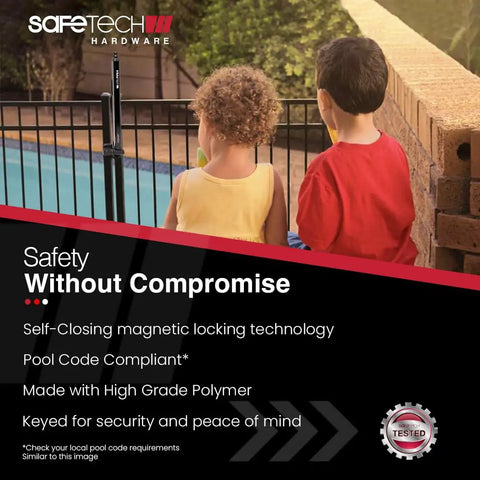 Rock Solid 22 Inch Vertical Magnetic Pool Gate Latch 2 Pack Key Lockable Self Latching Child Safe Heavy Duty Hardware used with children by pool.