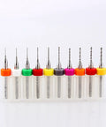 10 Pc PCB Micro Drill Bit Set 0.3mm To 1.2mm Mini Twist Bits For Printed Circuit Boards, assorted color-coded caps on bits
