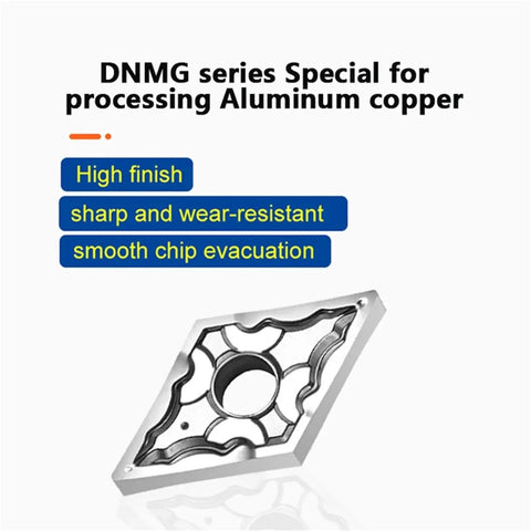 Carbide Inserts For External Turning Tool Set Built Tough For Aluminum And Copper, CNC Lathe Ready, DNMG150404 DNMG150408, H01 HA, Precision Metalworking Tools DNMG insert shown for aluminum and copper